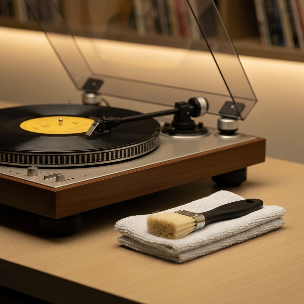 Plattenspieler mit organisiertem Reinigungsset auf dunklem Abhörtisch