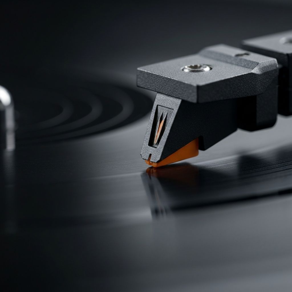 Makroaufnahme einer Schallplatten-Nadel über Rillen mit extremer Detailschärfe