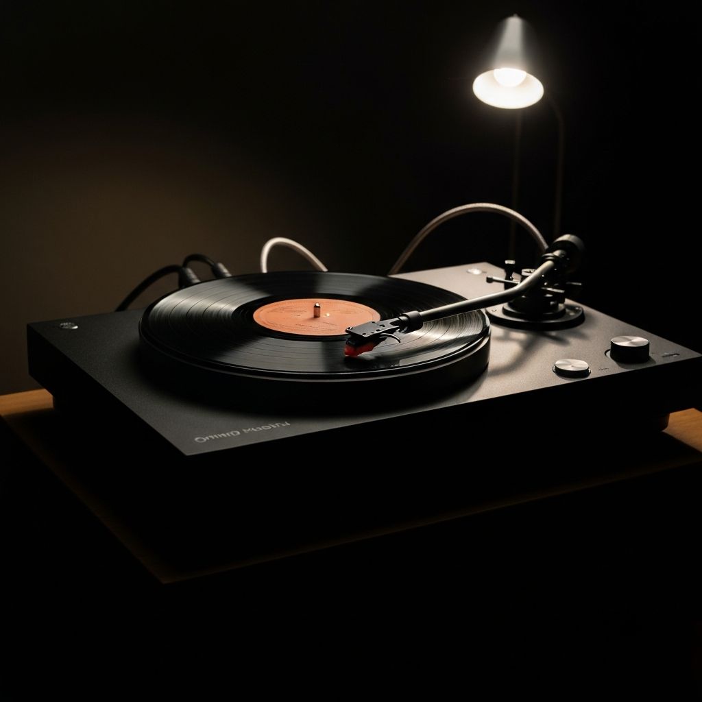 Komplettes Plattenspieler-Setup mit ausgerichteter Tonarme über Schallplatte