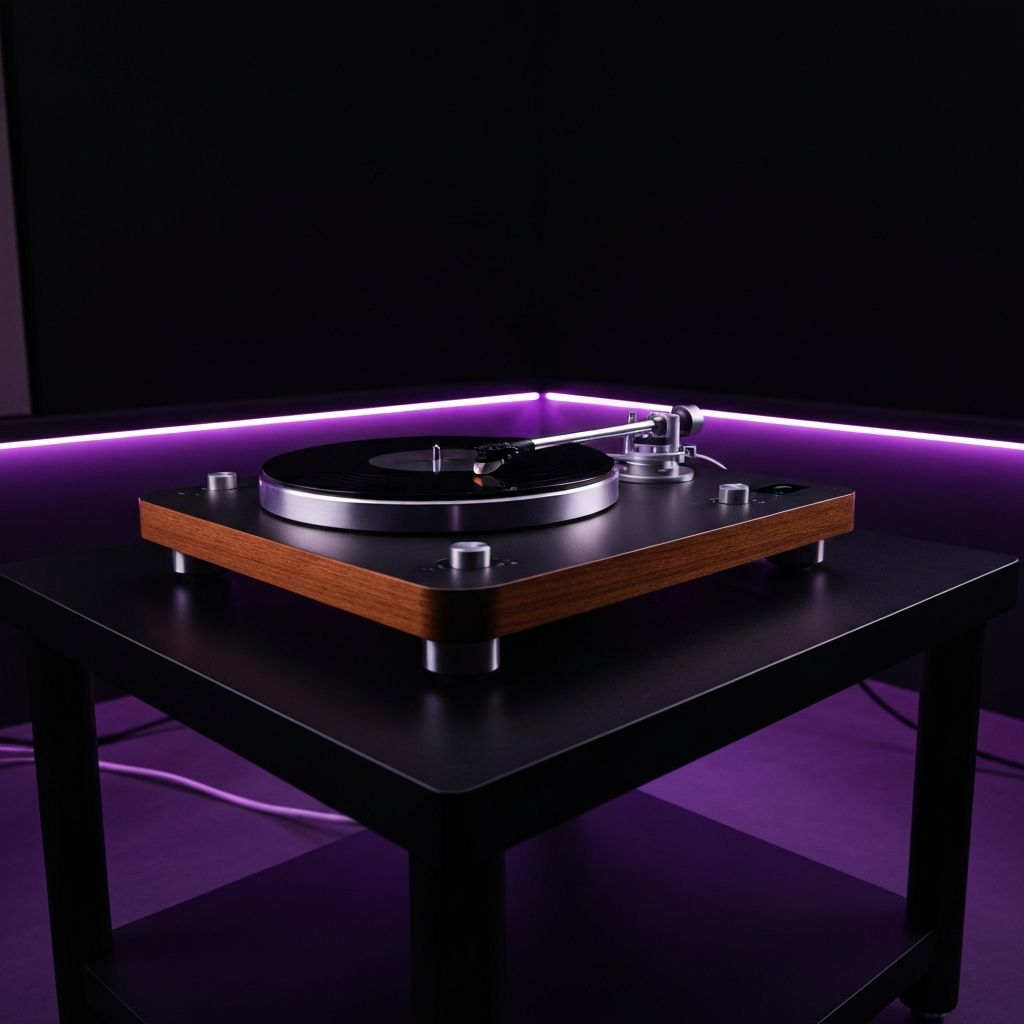 Professioneller Plattenspieler auf dunklem Abhörtisch mit ausgerichteter Tonarme