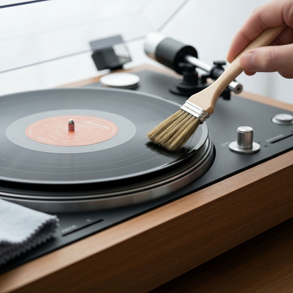 Schallplatte wird sorgfältig mit spezieller Bürste gereinigt auf rotierendem Teller